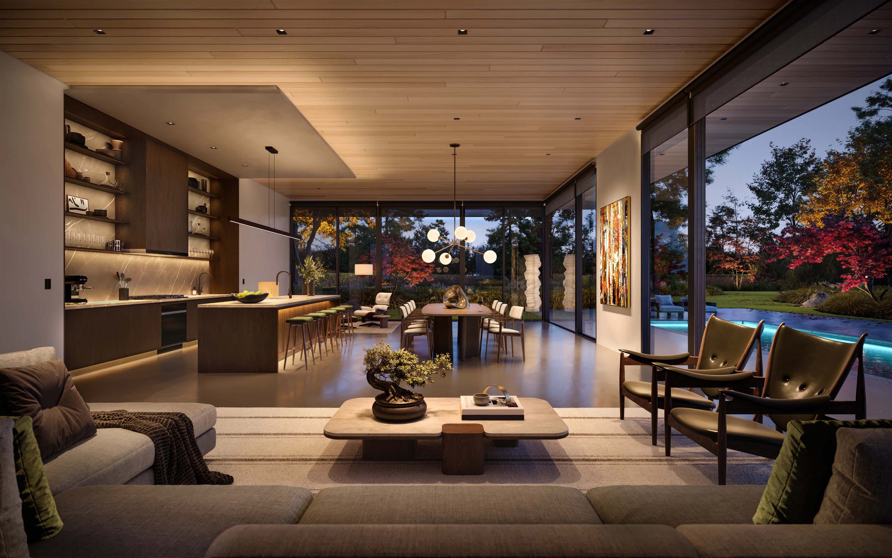lutron image of a highly modern, open concept home with warm woods