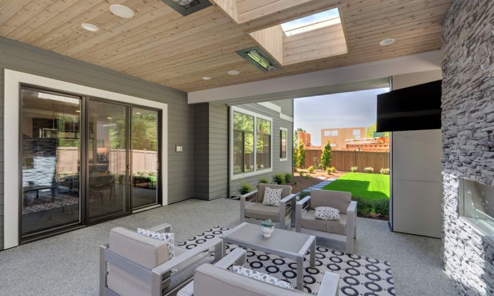 <span class="uk-h4">Covered outdoor patio with modern gray seating, skylights, ceiling heaters, a mounted TV, and a view of a landscaped backyard with grass and shrubs.</span>